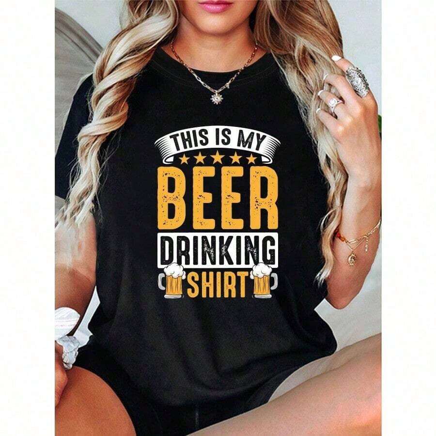 Women's Beer Drinking T-Shirt - Black With Bold Yellow Lettering - Non-See-Through Casual Party Outfit - Machine Washable Crew Neck T-Shirt For Oktoberfest, BBQs, And As A Gift For Beer Lovers, Beer T-Shirt, Festive Clothing, Funny Design T-Shirt, Non-See-Through Material, Oktoberfest Outfit, Funny Slogan T-Shirt, Durable Print, Short Sleeve T-Shirt, For Festival-Attendees - 黑色 - 查看 1