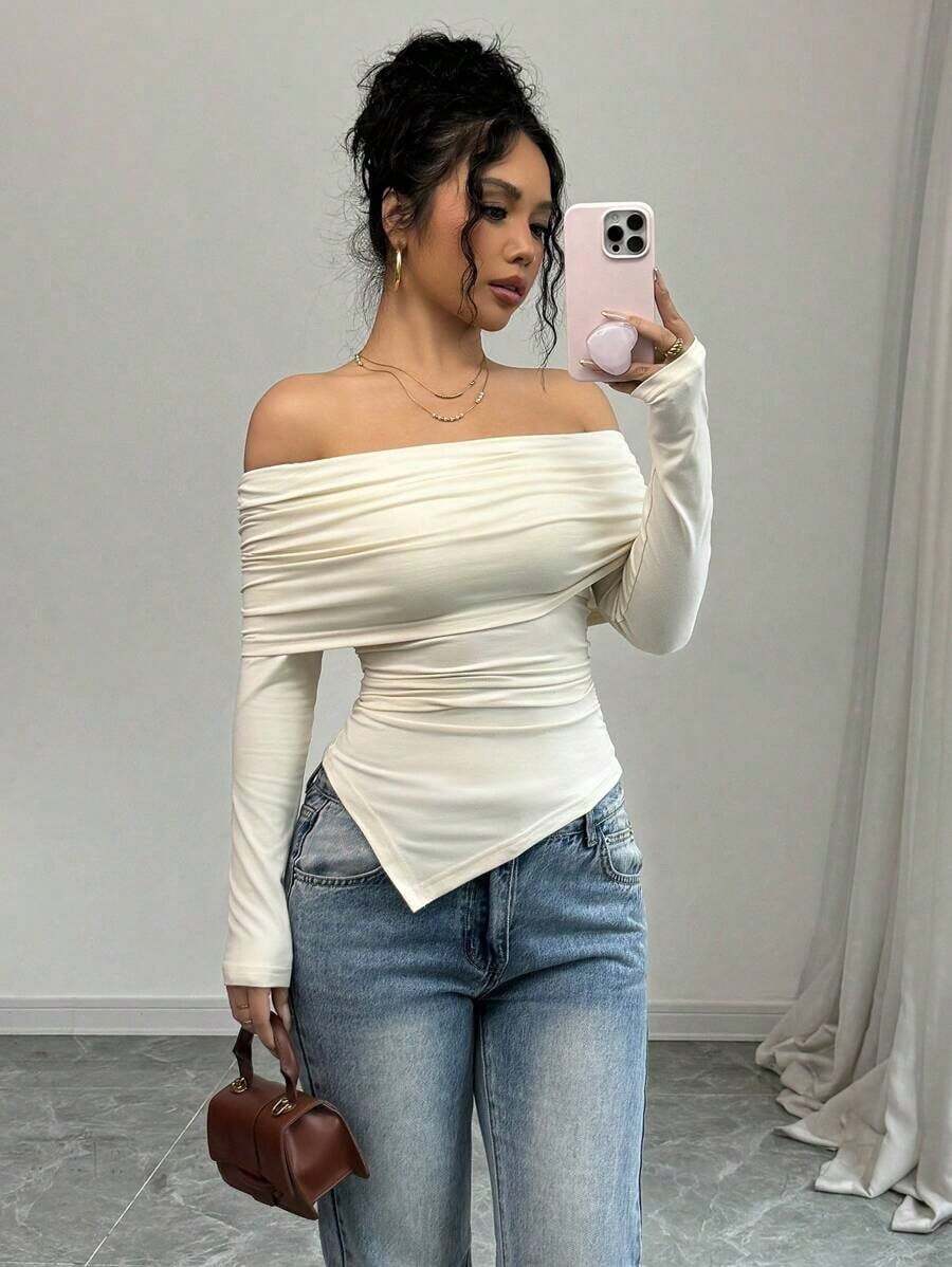 Camiseta elegante de mujer con hombros descubiertos, solapa ancha, dobladillo con cordón y ajuste delgado, para primavera y otoño - Albaricoque - Ver 1
