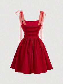 Vestido corto de mujer con estampado de teñido anudado, hombros fruncidos y diseño de nudo a la moda - Rojo - Ver 2
