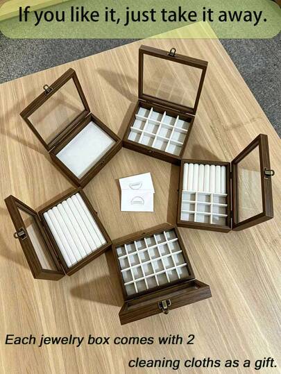 9/3 piezas Caja de almacenamiento de joyas de lujo, caja de joyas de grano de madera de nogal, caja de joyas transparente (cada caja incluye 2 paños de limpieza de joyas como regalo), diseño vintage, duradero, elegante, almacenamiento espacioso, adecuado para aretes, relojes, anillos, collares, material de madera de nogal con tapa transparente a prueba de polvo y anti-desgaste, esencial para Halloween y Navidad