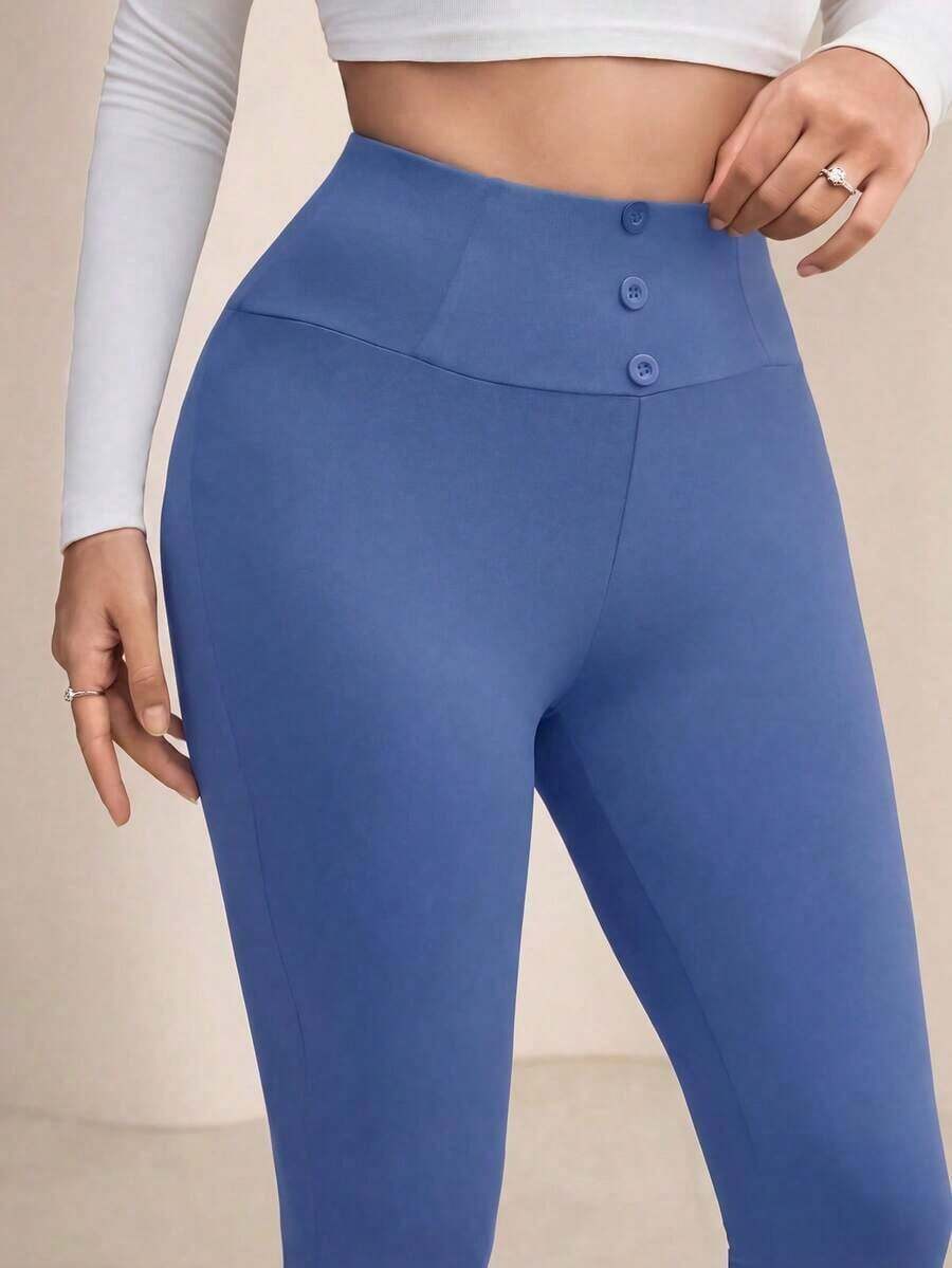 Leggings de cintura alta de unicolor cómodos y casuales para mujer - Azul - Ver 1