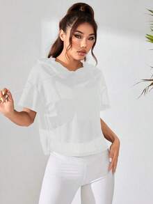 Sudadera deportiva con capucha, holgada, con hombro caído, manga corta y perspectiva suelta de unicolor para mujeres - Blanco - Ver 3