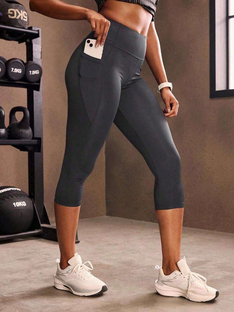 Mallas deportivas de cintura ancha con bolsillo para teléfono, pantalones de yoga para mujer - Gris Oscuro - Ver 1