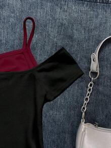 Camiseta de manga corta con estampado de gato negro asomándose en contraste de color, estilo casual y retro, adecuada para el verano - Rojo y negro - Ver 3