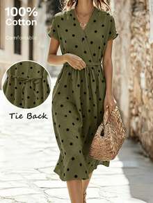 Vestido casual elegante y vintage con estampado de lunares, con bolsillos y lazo en la espalda, silueta minimalista pero refinada de corte evasé con cintura anudada, vestido versátil para oficina/ocasión, conjunto bohemio de lunares para vacaciones, primavera/verano rojo - Verde militar - Ver 9