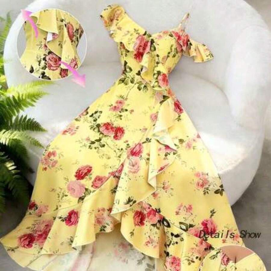 Women's Spring/Summer New Romantic Retro Palace Style Beach Vacation Atmosphere Outfit, Daily Gathering, Date Party, Floral Print, Oblique Collar Ruffle Hem Irregular Hem Design, Long Pink Maxi Dress - Amarillo - Ver 1