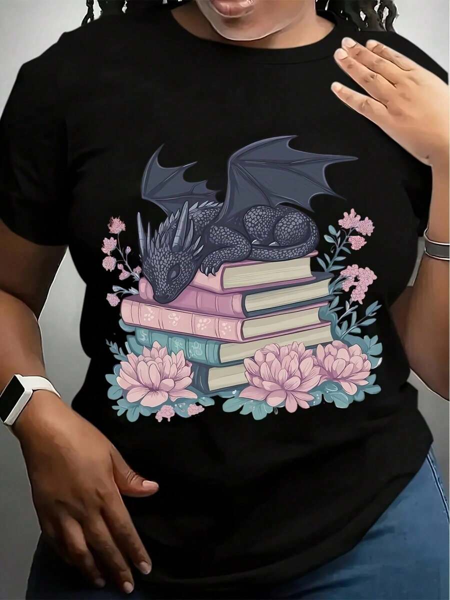 Camiseta de gran tamaño con estampado gráfico de dragón y libros. Camiseta de manga corta con cuello redondo. Top de moda casual de verano. Diseño Y para edades de 8 a 14 años. Camiseta de Dragón - Negro - Ver 1