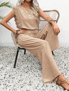 Conjunto de 2 piezas de blusa con ribete de encaje de unicolor y pantalones de pierna ancha para mujer, casual para vacaciones y viajes, primavera/verano - Caqui - Ver 6