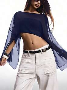 Blusa corta suelta de mangas de murciélago y cuello redondo de unicolor para mujer, de manga tres cuartos, para primavera/verano - Azul marino - Ver 4