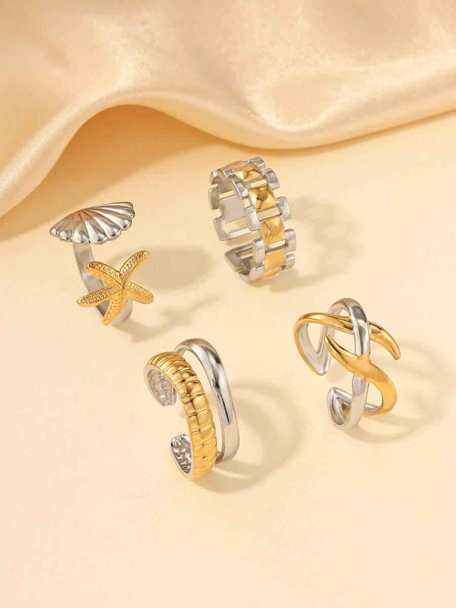4件套不锈钢金银海星贝壳指节戒指套装,适合日常佩戴或作为礼物送给朋友 - 彩色 - 查看 1