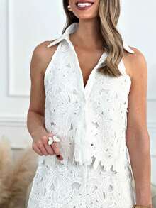Conjunto blusa tirantes cuello V bordado calado pantalones rectos holgados - Blanco - Ver 2