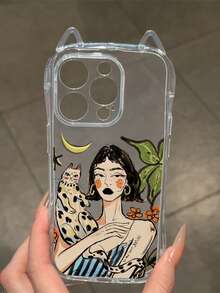1个插画月亮斑点主人猫耳手机壳，1.5mm TPU软壳气囊防摔，不对称猫耳设计，带挂绳配件，兼容 17/17Pro/17Pro Max/ Air/16E、17E/16/16Pro/16Plus/16Pro Max/15Pro Max/15Pro/15 Plus/11/12/13/14/15 - 彩色 - 查看 3