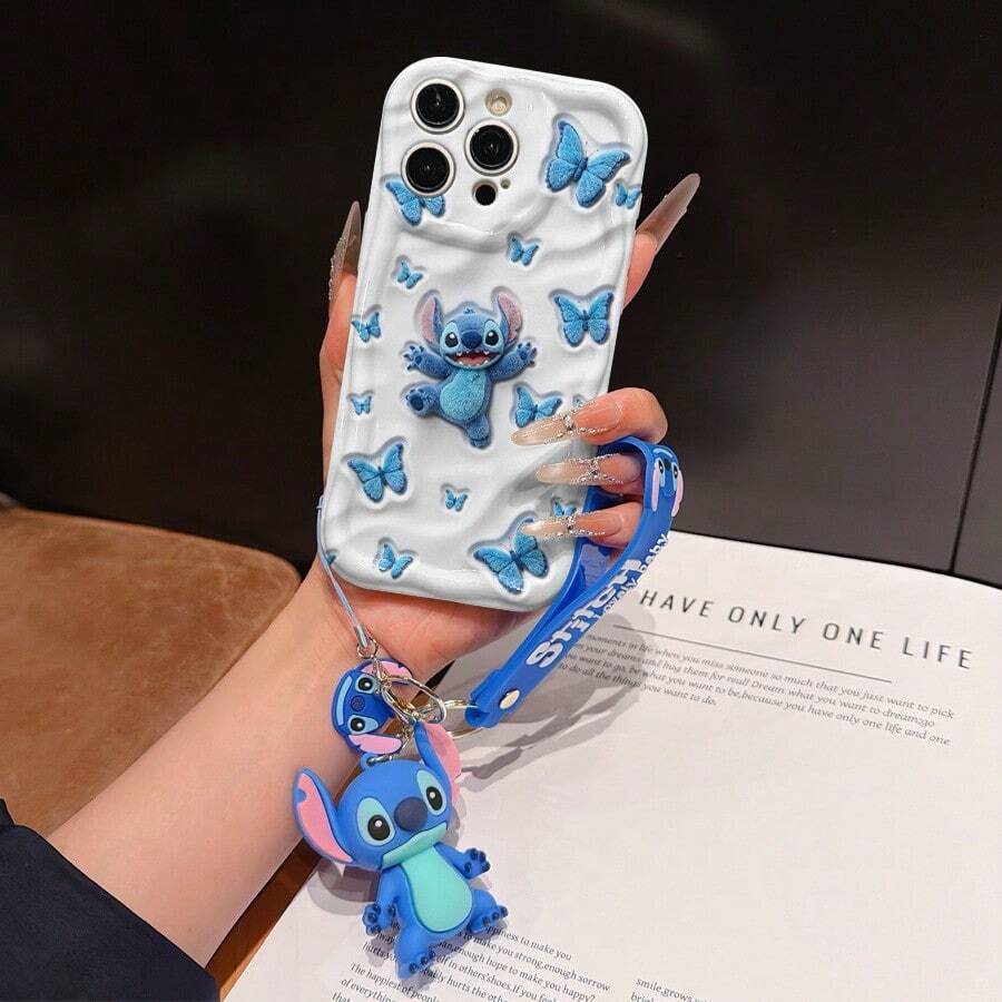 Disney Lilo And Stitch Phone Case : 3D Fluffy Pattern Border Protector Phone Soft Phone Case With A Free Cute Stitch Bracelet Chain Lanyard, Stitch, Lilo, Angel, For Apple 17 Promax 17 Pro 16 15 14 13 12 11 Pro Max XS Max X XR Soft Cover Summer Phone Case - 白色 - 查看 1