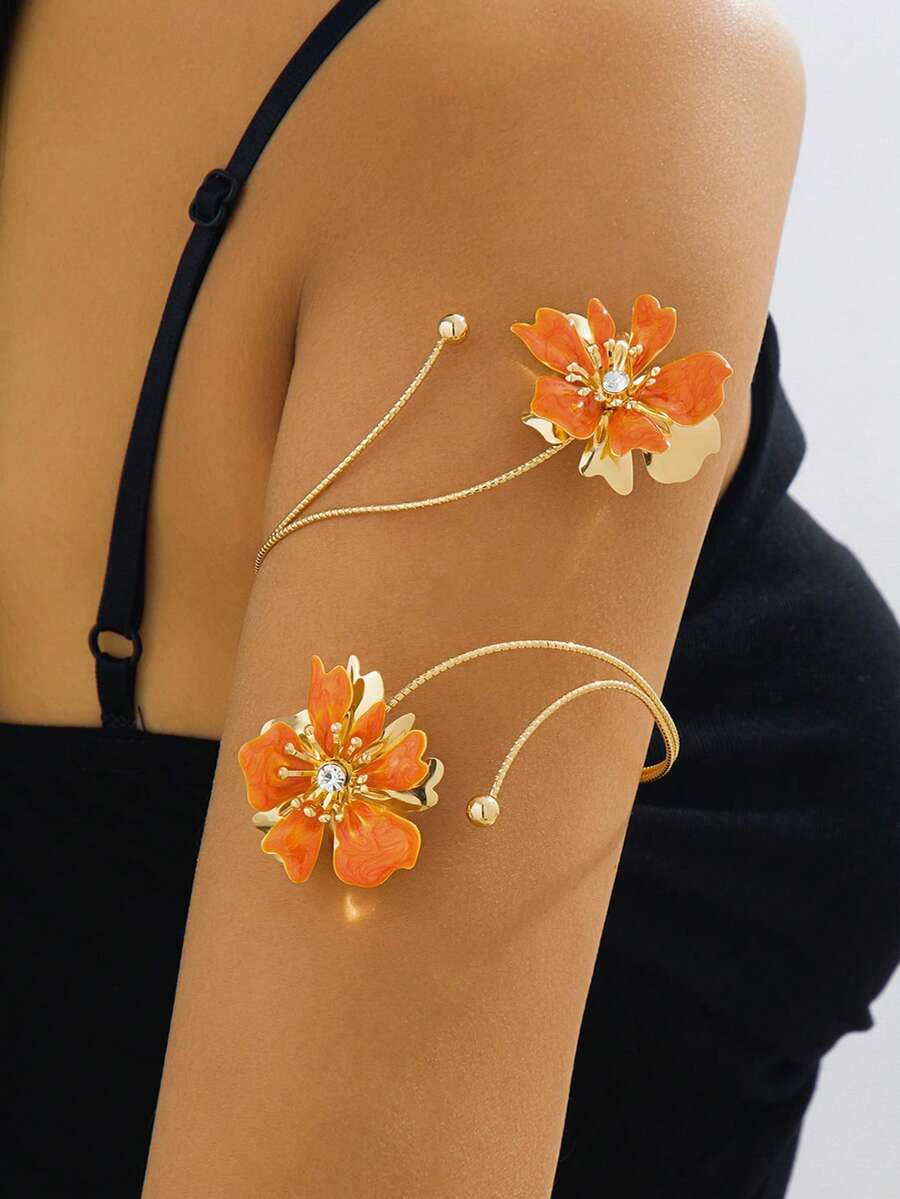 Bracelet jonc en émail coloré, bijou floral multicouche avec pierres précieuses, cadeau élégant et unique pour les femmes - Orange - Voir 1
