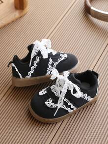 1 Pair Sweet Girl Lace Breathable Casual Sports Shoes, Children Canvas Sneakers For Female Students - Black - View 4