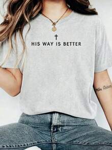 Jesus Shirt His Way Is Better Comfortable Christian Merch Simple Christian Faith Gift Clothing Casual Fall Outfits For Women Travel Short Sleeve Tops - 灰色 - 查看 16