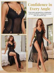 2-Piece Sexy Lingerie Sleepwear Set For Women – Includes Lace V-Neck Chemise Nightdress And Matching Panties, Sheer Mesh Nightwear With Side Split, Enhances Feminine Charm, Perfect For Daily Wear, Romantic Nights - màu đen - Xem 4