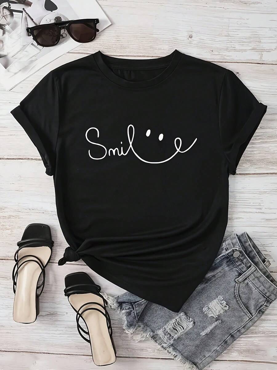 Women'S Chic Letter Print Tee - Comfy, Casual Short Sleeve Crew Neck T-Shirt For Everyday Wear & Stylish Layering - 黑色 - 查看 1