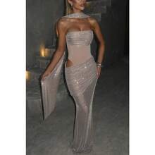Vestido Sin Mangas con Lentejuelas y Cintas, Estilo Bandeau, Fiesta Elegante Nueva Llegada - Albaricoque - Ver 8