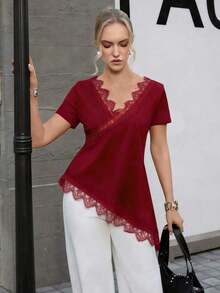 Women's T-Shirt With Ruffled Collar And Lace, Elegant And Fashionable, Suitable For Valentine's Day, Weddings, Holidays, Casual Outings, Parties, With An Asymmetrical Hem And Stretchy Fabric - 紅色的 - 查看 8
