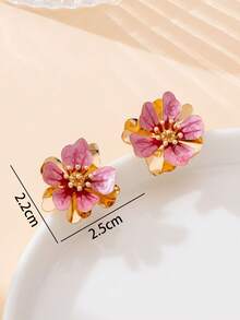 1 Pair Fashionable Handmade Gradient Tie Dye Soft Pink Double-Layer Asymmetrical Floral Earrings, Summer Vacation Style - Pink - View 5