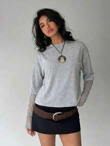 Women's Solid Color T-Shirt With Minimalist Lace Sleeves For Everyday Wear - 淺灰色 - 查看 6
