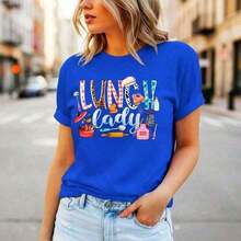 ComfortableGiftGiftGift1pc Women's Pure Cotton Graphic T-Shirt, Plus Sizes S-5XL, "Lunch Lady" Print, Short Sleeve, Casual Top, Soft And Comfortable For Everyday Wear, Loose Fit, Crew Neck, For School Cafeteria Workers, Food Service Staff, Chef Inspired Design, Summer T-Shirts, Summer Clothes, Summer Sets For Women, Summer Graphic Tees, Women's T-Shirts, Soft, Soft, Soft. Loose And Versatile Short Sleeve T-Shirt For Women - 藍色的 - 查看 10