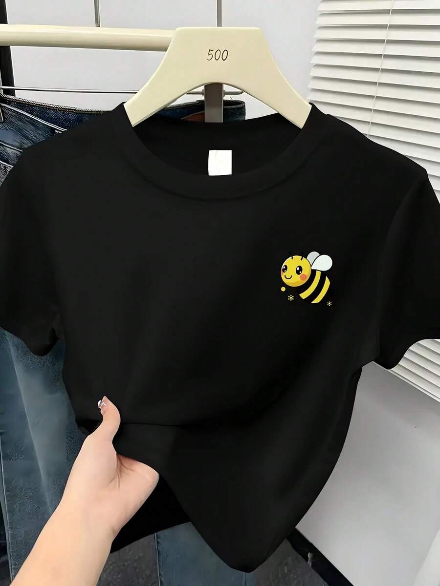 Women's High-Waisted Short-Sleeve T-Shirt, Fashionable Y2K Style 2026 - Unique Design With Cute Little Bee Print, Versatile, Fashionable, Sweet, Fresh, Spicy, Literary, Daily, Versatile, Easy, , Medium Stretch Fabric, Breathable, Comfortable, For All Seasons, Casual Style - 黑色 - 查看 1