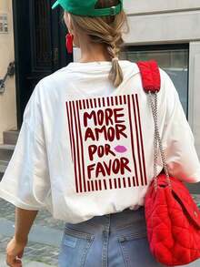 Women's Short-Sleeved, Loose-Fitting, Round-Neck T-Shirt With "MORE LOVE PLEASE" Striped Print, Suitable For Parties, Holidays, Office, Daily Wear, Dates, Meetings, Streetwear, A Must-Have Casual White T-Shirt For Summer, 100% Cotton. - 白色 - 查看 3