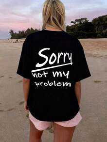 Women's Plus Size "Not My Business" T-Shirt - T-Shirt With Prominent Text On The Back, Suitable For Spring And Summer, Casual Street Style, Machine Washable, Suitable For Daily Wear, Going Out, Parties, School, Music Festivals, Vacations And Travel. Color: Black - 黑色 - 查看 1