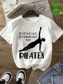 Camiseta pura con estampado gráfico de soporte de un brazo para pilates, de cuello redondo y manga corta de punto grueso puro, prenda superior versátil para toda temporada - Blanco - Ver 7
