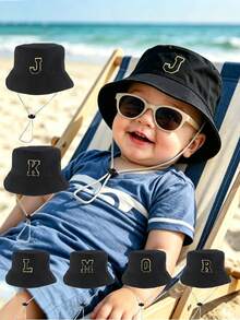 1pc Kids 26 Letters Print Sun Hat, Adjustable Strap, Casual Style Baby Bucket Hat, Suitable For Outdoor, Beach, Sun Protection - Black - View 2