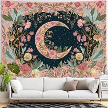 Großformatiger bedruckter Wandteppich mit traumhaftem Mondsichel-Design, umgeben von einem rosa Blumenmeer, geeignet für die Heimdekoration. Dieser im Vintage-Boho-Stil gehaltene Wandbehang ist perfekt für Schlafzimmer, Büro und Wohnzimmer. - 1 - Übersicht 5