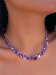 1pc Top Purple Pink Cubic Zirconia Round Tennis Chain Necklace Choker For Women, Wedding, Bridal Party, Costume Jewelry - Round - View 11