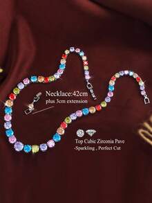 1pc Top Purple Pink Cubic Zirconia Round Tennis Chain Necklace Choker For Women, Wedding, Bridal Party, Costume Jewelry - Round - View 3