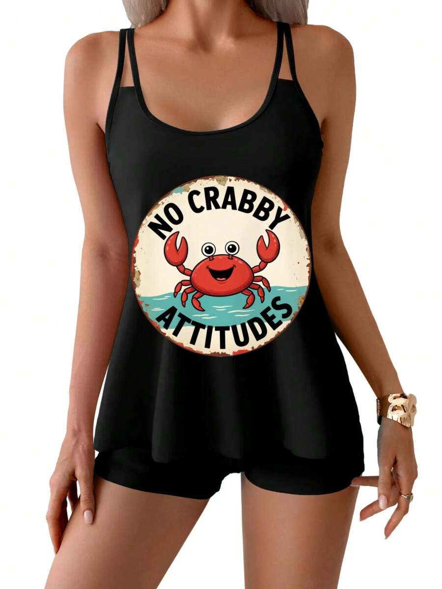 Women's Flowy Tummy Control Tankini Sets With NO CRABBY Design, Two Piece Tummy Control Bikini Swimsuits Blouson Tank Top With Boyshorts Bathing Suits For Beach And Hot Springs / Summer Vacation Outfit - 黑色 - 查看 1