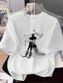 [Circle Circle] Women's Casual T-Shirt, T-Shirt With Print Of A Lady Sitting With A Pearl Hat, Elegant And Stylish, Gift, Casual Round Neck Top, Breathable, Lightweight And Comfortable, Suitable For Spring And Summer Wardrobes. - 白色 - 查看 1