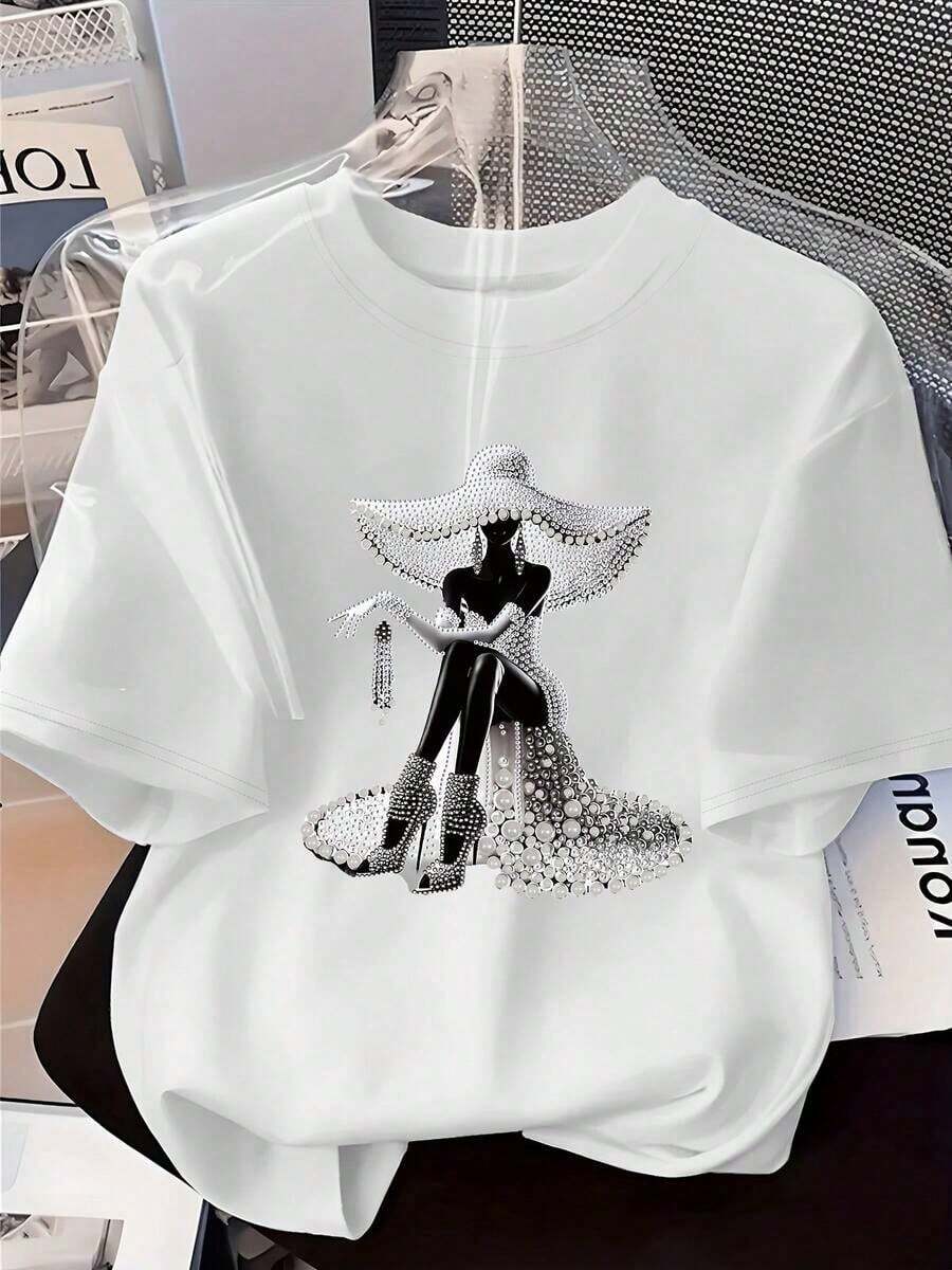 [Circle Circle] Women's Casual T-Shirt, T-Shirt With Print Of A Lady Sitting With A Pearl Hat, Elegant And Stylish, Gift, Casual Round Neck Top, Breathable, Lightweight And Comfortable, Suitable For Spring And Summer Wardrobes. - 白色 - 查看 1