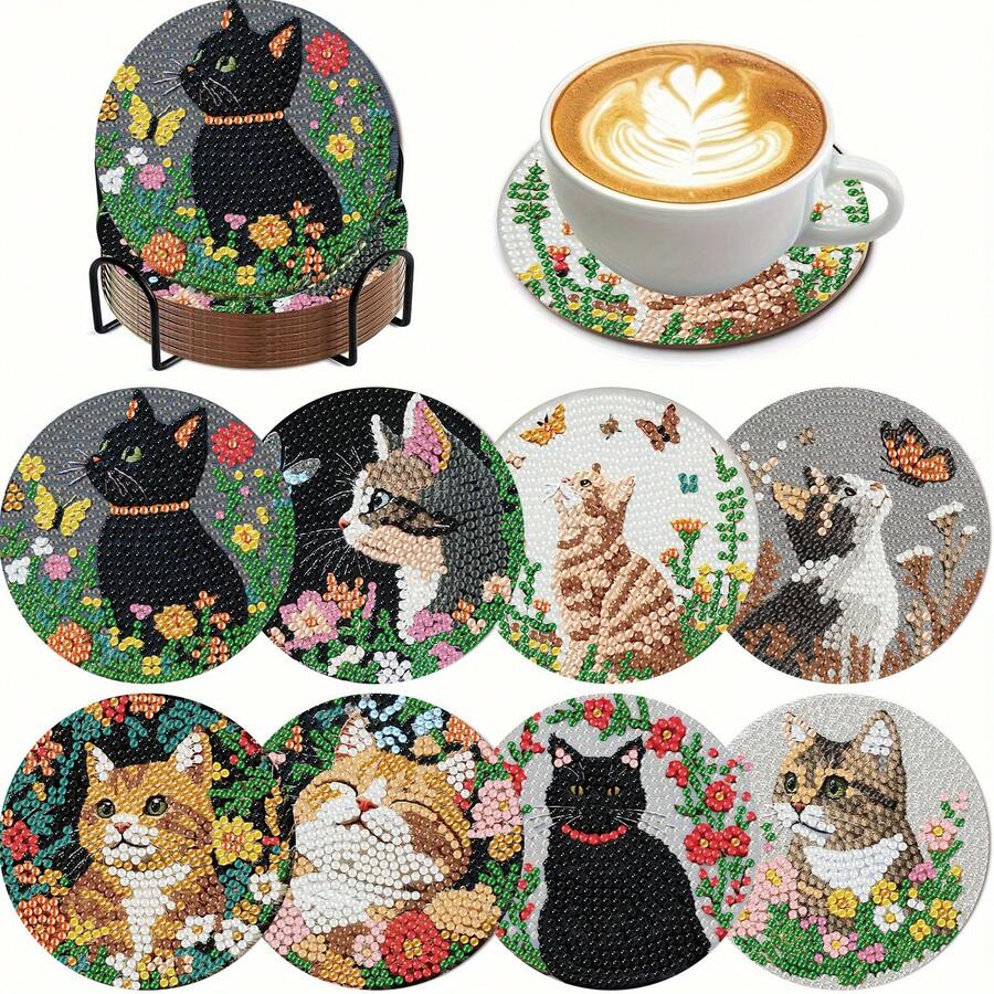 8件套可爱小猫DIY钻石画杯垫套装，圆形闪亮钻石表面，强力背胶，工具齐全，适合初学者，减压手工，新年、情人节、圣诞节、教师节礼物，家居装饰杯垫，送给家人、朋友、女朋友、老师
