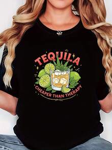 Ropa de verano suave de una pieza para mujer, camiseta con estampado de cóctel "El tequila es más barato que la psicoterapia", ropa elegante para mujer, estilo: cuello redondo, manga corta, corte holgado, un regalo para usted misma/familia/amante/amigos, diseño divertido, ropa para el hogar, efecto adelgazante - Camiseta 100% algodón, transpirable, informal, para uso diario. - Negro - Ver 1