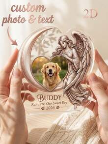 1 pieza Decoración conmemorativa de mascota personalizada de acrílico, placa conmemorativa de mascota personalizada con foto y texto personalizables, decoración conmemorativa de nombre y fecha de mascota personalizable. Adopta diseño plano 2D de ángel abrazando la luna, artesanía en relieve degradado dorado rosa y marco con forma de corazón. - Ángel 1 - Ver 2