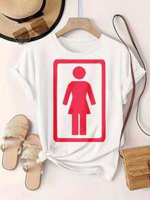 Women's Casual Short-Sleeve T-Shirt - Red Female Symbol In Rectangular Frame, Round Neck, Summer Top, Machine Washable, Ladies' T-Shirts, Casual Wear, Modern Style, Comfortable Fit

-White Blouses For Women Shirt - 白色 - 查看 3