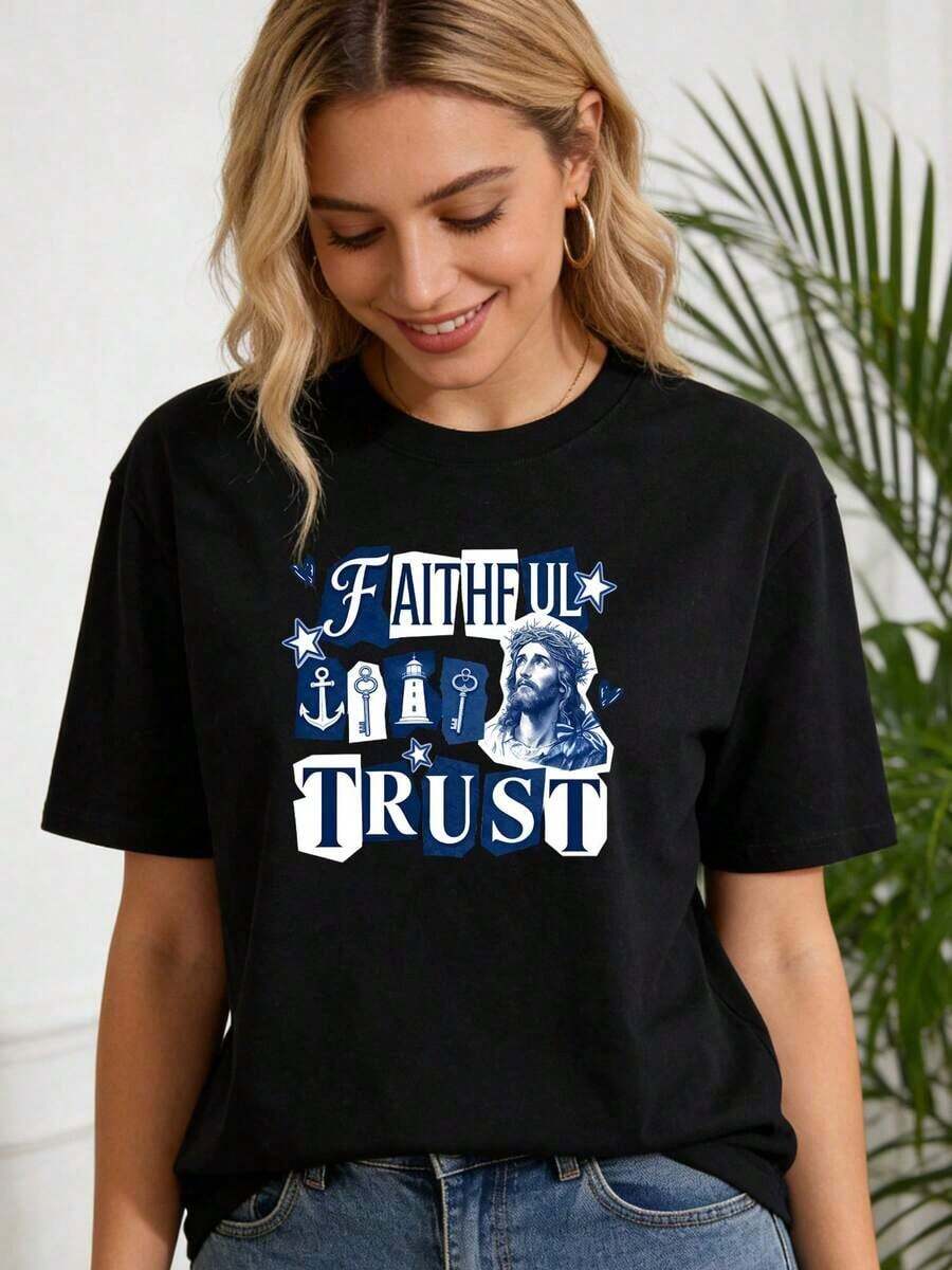 1 Piece Of Women's Pure Cotton T-Shirt With Easter Jesus Print, Printed Tee, Casual Summer Round Neck T-Shirt, Everyday Wear T-Shirt For Women, Available In White/Black/Pink/Green/Navy, 180g, 100% Cotton. - 黑色 - 查看 1