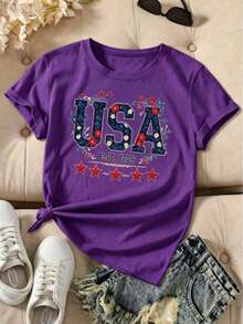 Women's American Patriotic T-Shirt With Vintage 1776 Design - Casual Red Short Sleeve Crew Neck Top With Stars And Stripes Design, All-Season Comfort, Machine Washable, American Flag T-Shirt - 紫色 - 查看 4