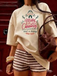 Christmas T-Shirt With "Merry Christmas" Text,  Short-Sleeved T-Shirt For Spring And Summer 2026, Made In Mexico, 180 Grams. Cartoon Print, Couple Design, Suitable For Indoor Or Outdoor Wear. Crew Neck, Unisex, Ideal For Office And Leisure. One-Pack. - APR-P631577SLNDXZGY561 - 查看 3