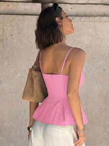 Camiseta de mujer con encaje francés, parches y volantes con dobladillo plisado - Rosa - Ver 2