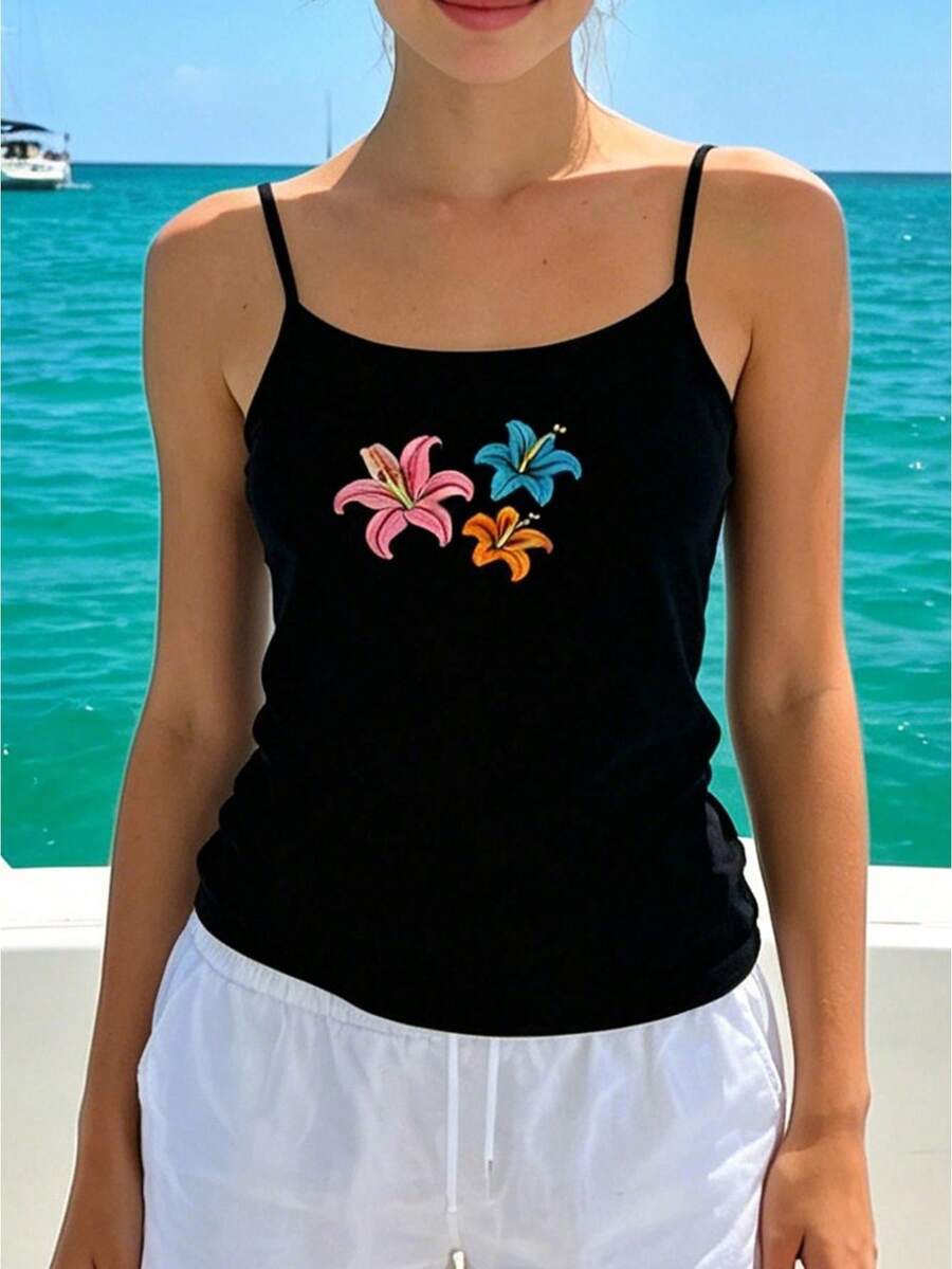 Top Camisole para Mujer con Bordado Floral Sencillo, Tirantes Finos, Largo Regular, Ajustado para Uso Diario y Playa de Verano - Negro - Ver 1