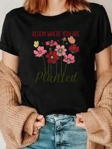1 Classic And Versatile Piece, Pure Cotton Short-Sleeved T-Shirt With Feminine Floral Print Bloom Where You Are Planted, Modern Style, Suitable For Wearing In Any Season - 黑色 - 查看 1
