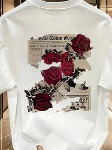 Vintage Rose Print T-Shirt, Unisex Valentine's Day Clothing, Couple's Outfit, Short Sleeve Crew Neck T-Shirt, American High Fashion Style, Pure Cotton, With A Unique Design, Exuding A High-End Casual Fashion Sense, Perfect For Couples. - 白色 - 查看 8