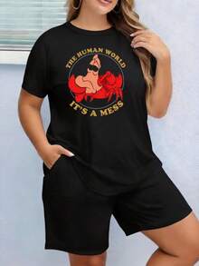 Women's Short-Sleeved T-Shirt With Letter Print, Cartoon Character Print, Bows, Stars, Hearts, Rainbows And Text, Round Neck, In Retro Vintage Y2K Style, For Plus Sizes, Ideal For Casual Daily Wear, Dates Or Casual Wear, Versatile, Comfortable, Soft And Breathable, High Quality. - 黑色 - 查看 1
